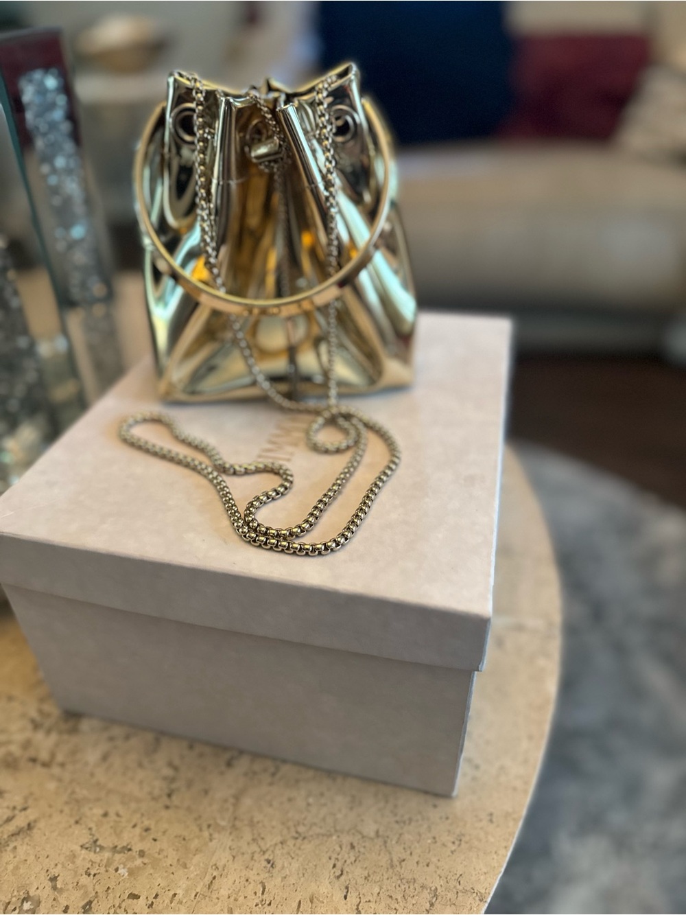 Jimmy Choo Gold Metallic Mini Drawstring Bucket Bag - Picture 4 of 13